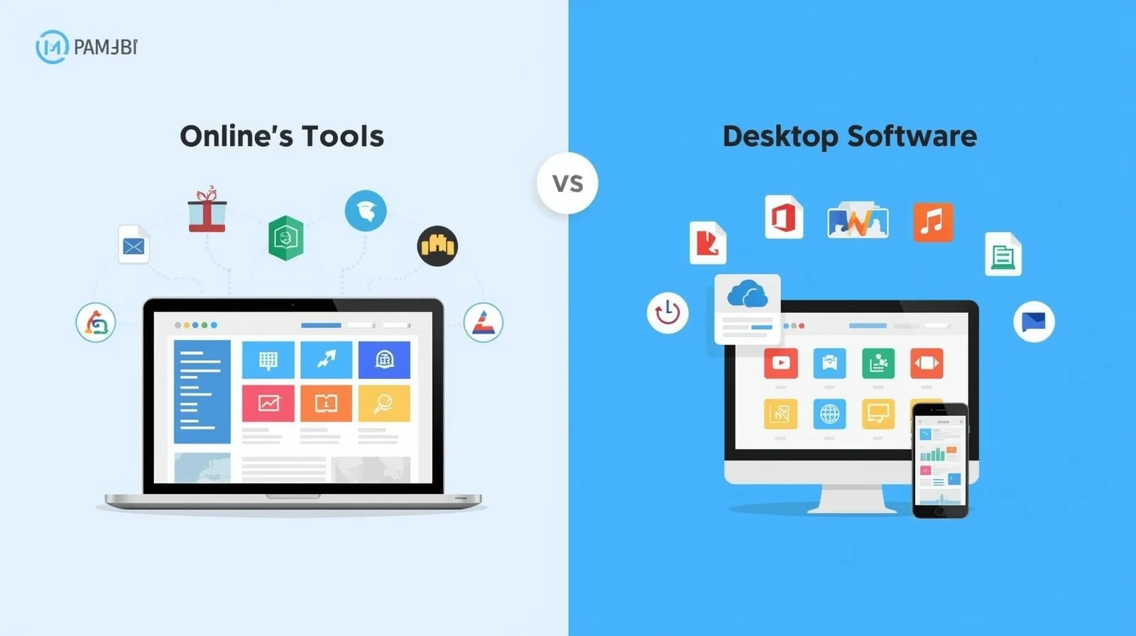 Online tools vs software comparison showing browser-based tools and desktop applications